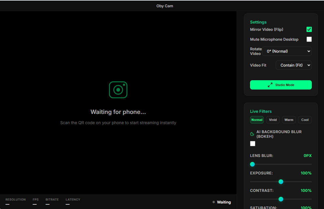 Oby Cam Desktop App Interface